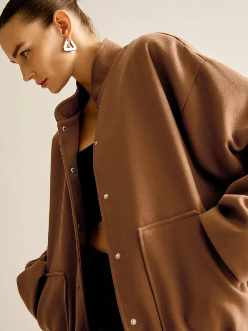 COMMENSE Outerwear|Jackets^Stand Collar Plain Button Jacket Brown