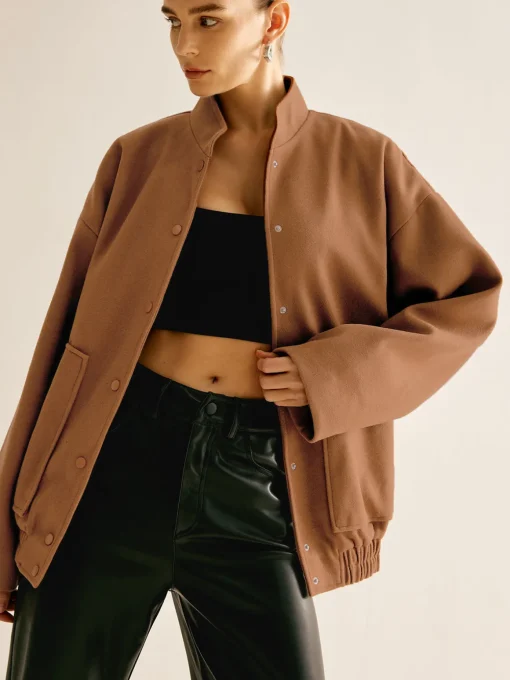 COMMENSE Outerwear|Jackets^Stand Collar Plain Button Jacket Brown