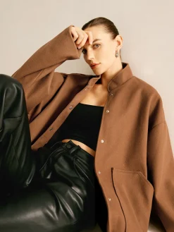 COMMENSE Outerwear|Jackets^Stand Collar Plain Button Jacket Brown