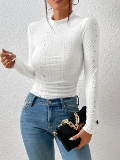 COMMENSE Tops^Stand Collar Side-Pleated Skinny Top White