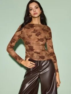 COMMENSE Tops^Straight Neck Velvet Floral T-Shirt Brown