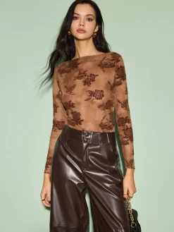 COMMENSE Tops^Straight Neck Velvet Floral T-Shirt Brown