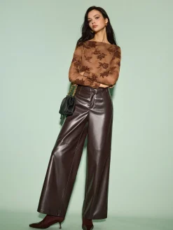 COMMENSE Tops^Straight Neck Velvet Floral T-Shirt Brown