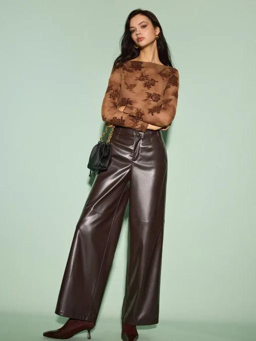COMMENSE Tops^Straight Neck Velvet Floral T-Shirt Brown