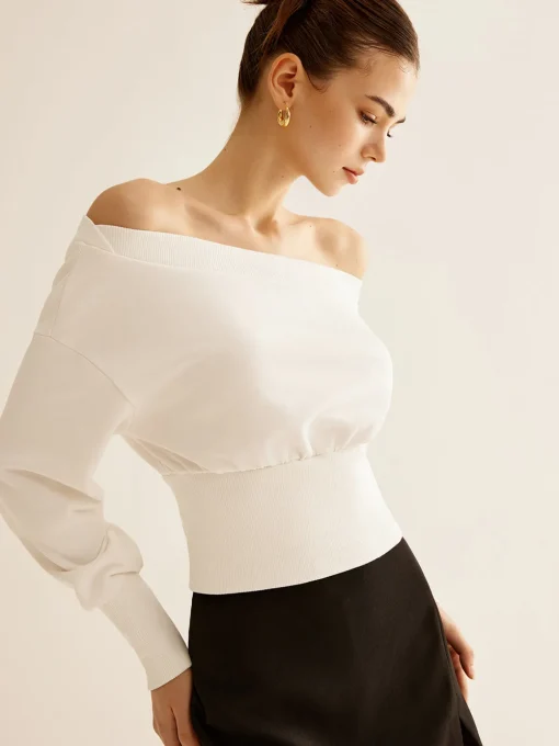 COMMENSE Sweatshirts & Hoodies|Tops^Straight Shoulder Cinched Sweatshirt White
