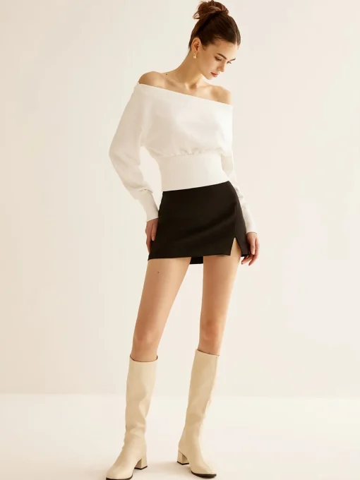 COMMENSE Sweatshirts & Hoodies|Tops^Straight Shoulder Cinched Sweatshirt White
