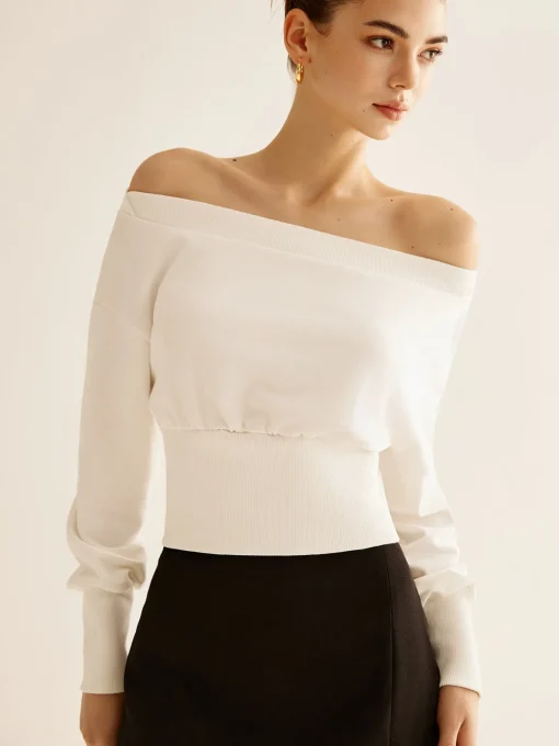 COMMENSE Sweatshirts & Hoodies|Tops^Straight Shoulder Cinched Sweatshirt White