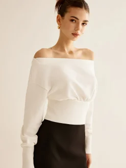 COMMENSE Sweatshirts & Hoodies|Tops^Straight Shoulder Cinched Sweatshirt White