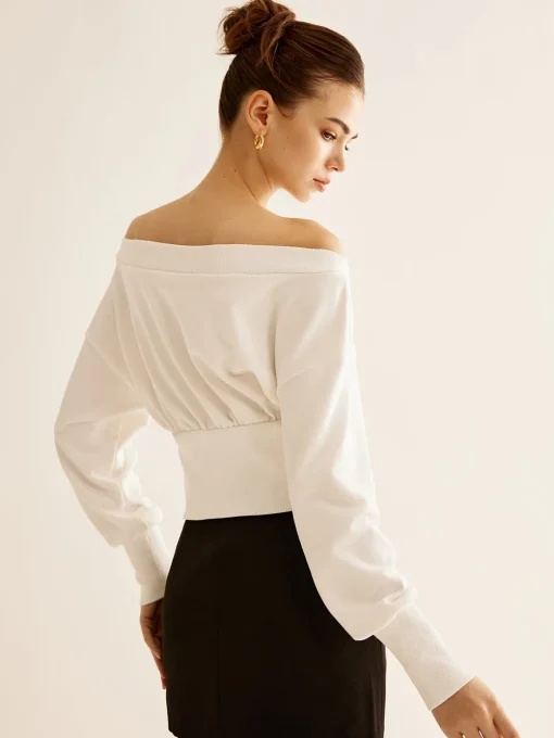 COMMENSE Sweatshirts & Hoodies|Tops^Straight Shoulder Cinched Sweatshirt White