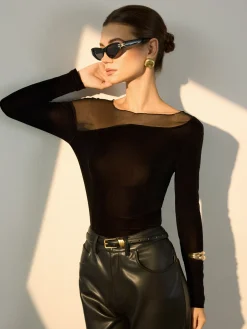 COMMENSE Blouses & Shirts|Tops^Straight Shoulder Sheer-Detail Slim Top Black