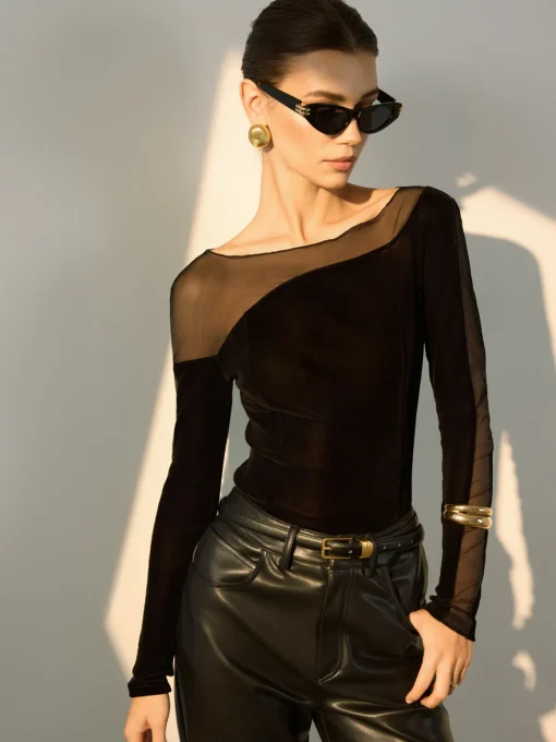 COMMENSE Blouses & Shirts|Tops^Straight Shoulder Sheer-Detail Slim Top Black