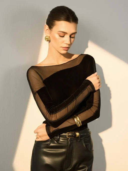 COMMENSE Blouses & Shirts|Tops^Straight Shoulder Sheer-Detail Slim Top Black