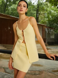 COMMENSE Skirt Sets|Long Sleeve Sets^Stretch Plain Knit Skirt Set Yellow