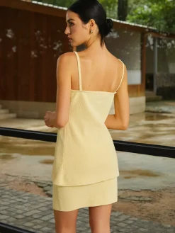 COMMENSE Skirt Sets|Long Sleeve Sets^Stretch Plain Knit Skirt Set Yellow