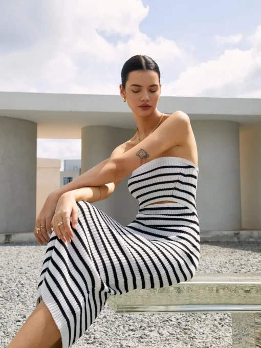 COMMENSE White Dresses|Sweater Dresses^Stripe Cutout Rib Midi Tube Dress White