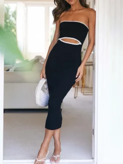 COMMENSE White Dresses|Sweater Dresses^Stripe Cutout Rib Midi Tube Dress White