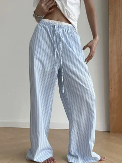 COMMENSE Pants|Bottoms^Stripe Loose Double-Waisted Tie Front Pants Blue