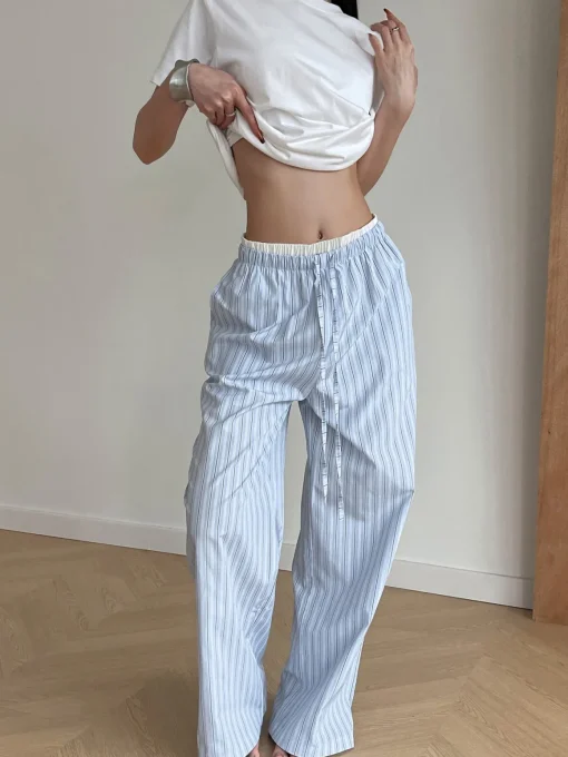 COMMENSE Pants|Bottoms^Stripe Loose Double-Waisted Tie Front Pants Blue