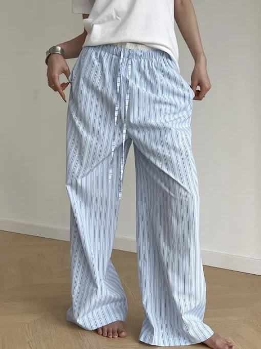 COMMENSE Pants|Bottoms^Stripe Loose Double-Waisted Tie Front Pants Blue