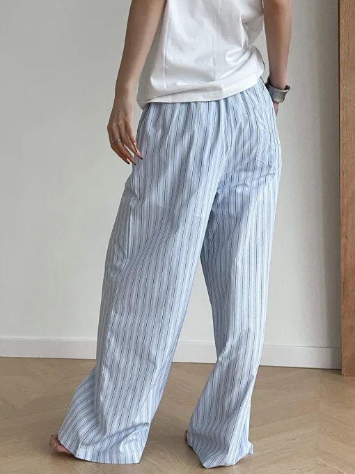 COMMENSE Pants|Bottoms^Stripe Loose Double-Waisted Tie Front Pants Blue