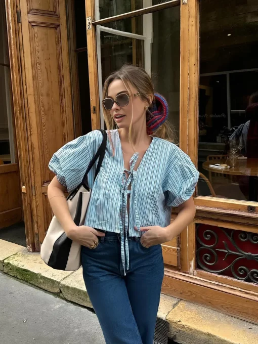 COMMENSE Blouses & Shirts|Tops^Stripe Tie Neck Blouse Bluewhite