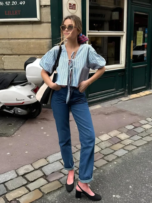 COMMENSE Blouses & Shirts|Tops^Stripe Tie Neck Blouse Bluewhite