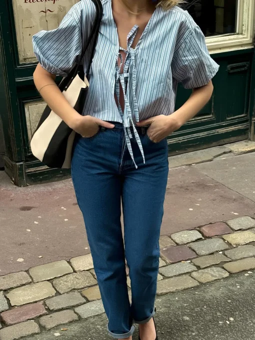 COMMENSE Blouses & Shirts|Tops^Stripe Tie Neck Blouse Bluewhite