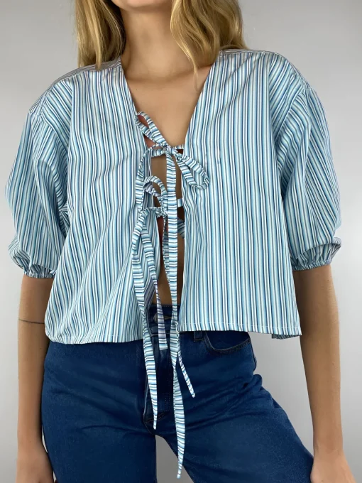 COMMENSE Blouses & Shirts|Tops^Stripe Tie Neck Blouse Bluewhite