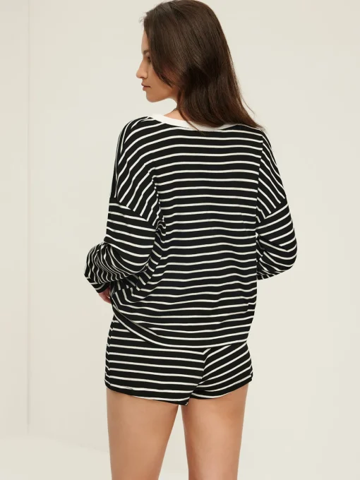 COMMENSE Shorts Sets|Shorts^Striped Button Jersey Shorts Set BlackandWhite
