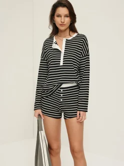 COMMENSE Shorts Sets|Shorts^Striped Button Jersey Shorts Set BlackandWhite