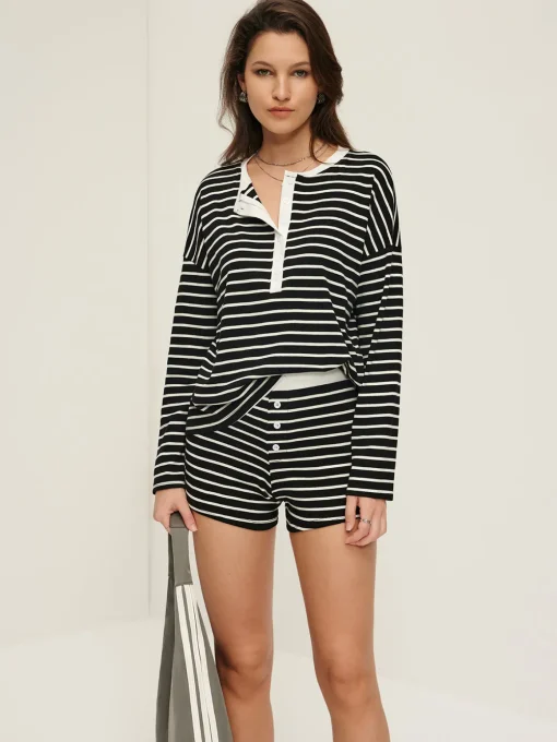 COMMENSE Shorts Sets|Shorts^Striped Button Jersey Shorts Set BlackandWhite