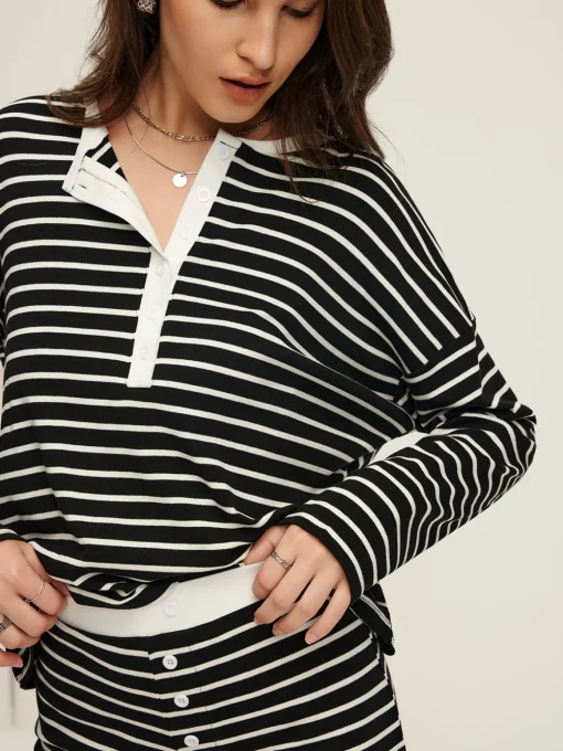 COMMENSE Shorts Sets|Shorts^Striped Button Jersey Shorts Set BlackandWhite