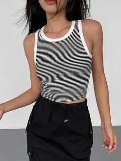 COMMENSE Tank Tops & Camis|Tops^Striped Crew Neck Tank Top BlackandWhite