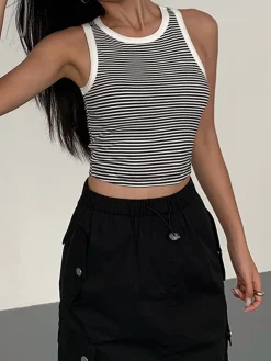 COMMENSE Tank Tops & Camis|Tops^Striped Crew Neck Tank Top BlackandWhite
