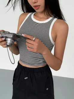 COMMENSE Tank Tops & Camis|Tops^Striped Crew Neck Tank Top BlackandWhite