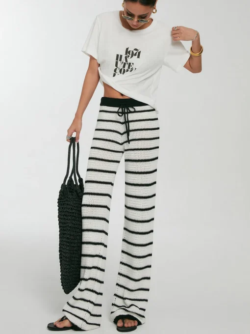 COMMENSE Pants|Knitwear^Striped Drawstring Knit Pants White
