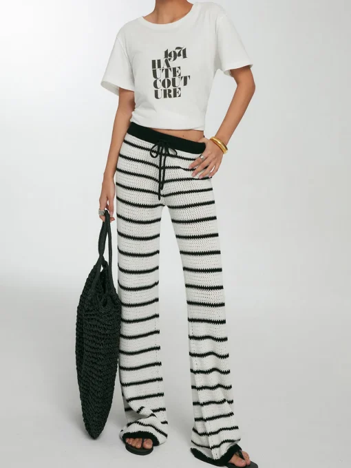 COMMENSE Pants|Knitwear^Striped Drawstring Knit Pants White