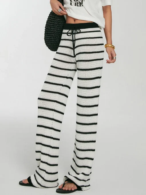 COMMENSE Pants|Knitwear^Striped Drawstring Knit Pants White