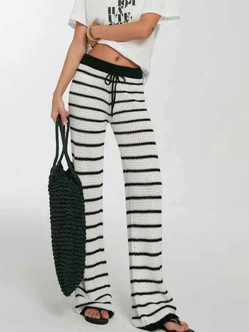 COMMENSE Pants|Knitwear^Striped Drawstring Knit Pants White