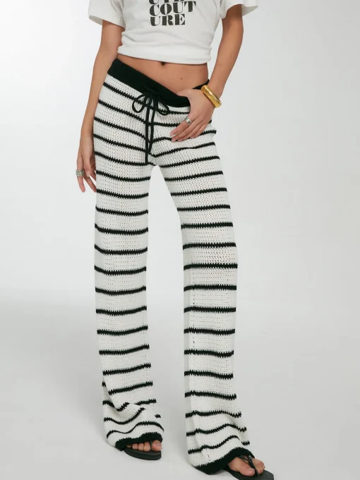 COMMENSE Pants|Knitwear^Striped Drawstring Knit Pants White