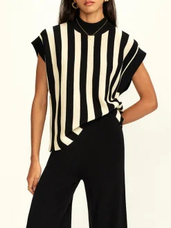 COMMENSE Matching Sets|Bottoms^Striped Jersey Top Pants Set Black