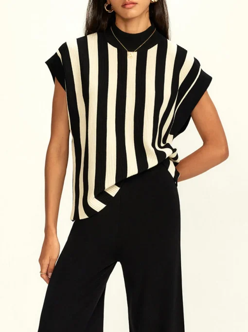 COMMENSE Matching Sets|Bottoms^Striped Jersey Top Pants Set Black