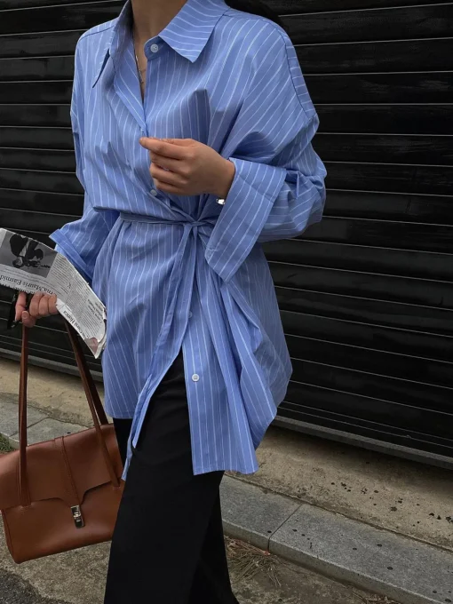 COMMENSE Blouses & Shirts|Tops^Striped Print Button Front Shirt Blue