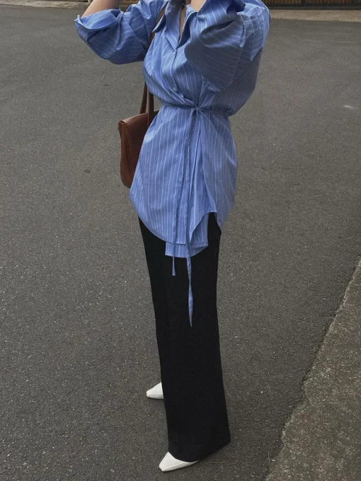 COMMENSE Blouses & Shirts|Tops^Striped Print Button Front Shirt Blue