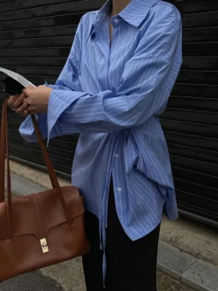 COMMENSE Blouses & Shirts|Tops^Striped Print Button Front Shirt Blue