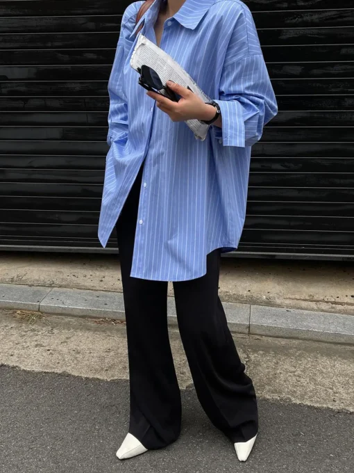 COMMENSE Blouses & Shirts|Tops^Striped Print Button Front Shirt Blue