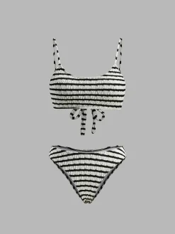 COMMENSE Swimwear|Tops^Striped Tie Back Bikini Set BlackandWhite