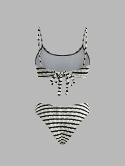 COMMENSE Swimwear|Tops^Striped Tie Back Bikini Set BlackandWhite