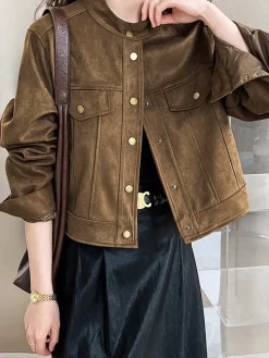COMMENSE Outerwear|Jackets^Suede Button Short Jacket LightBrown