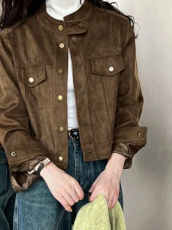 COMMENSE Outerwear|Jackets^Suede Button Short Jacket LightBrown